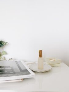 White desk with objects and white background