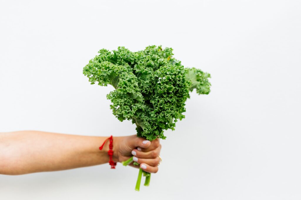 person holding a bunch of kale with ribbon